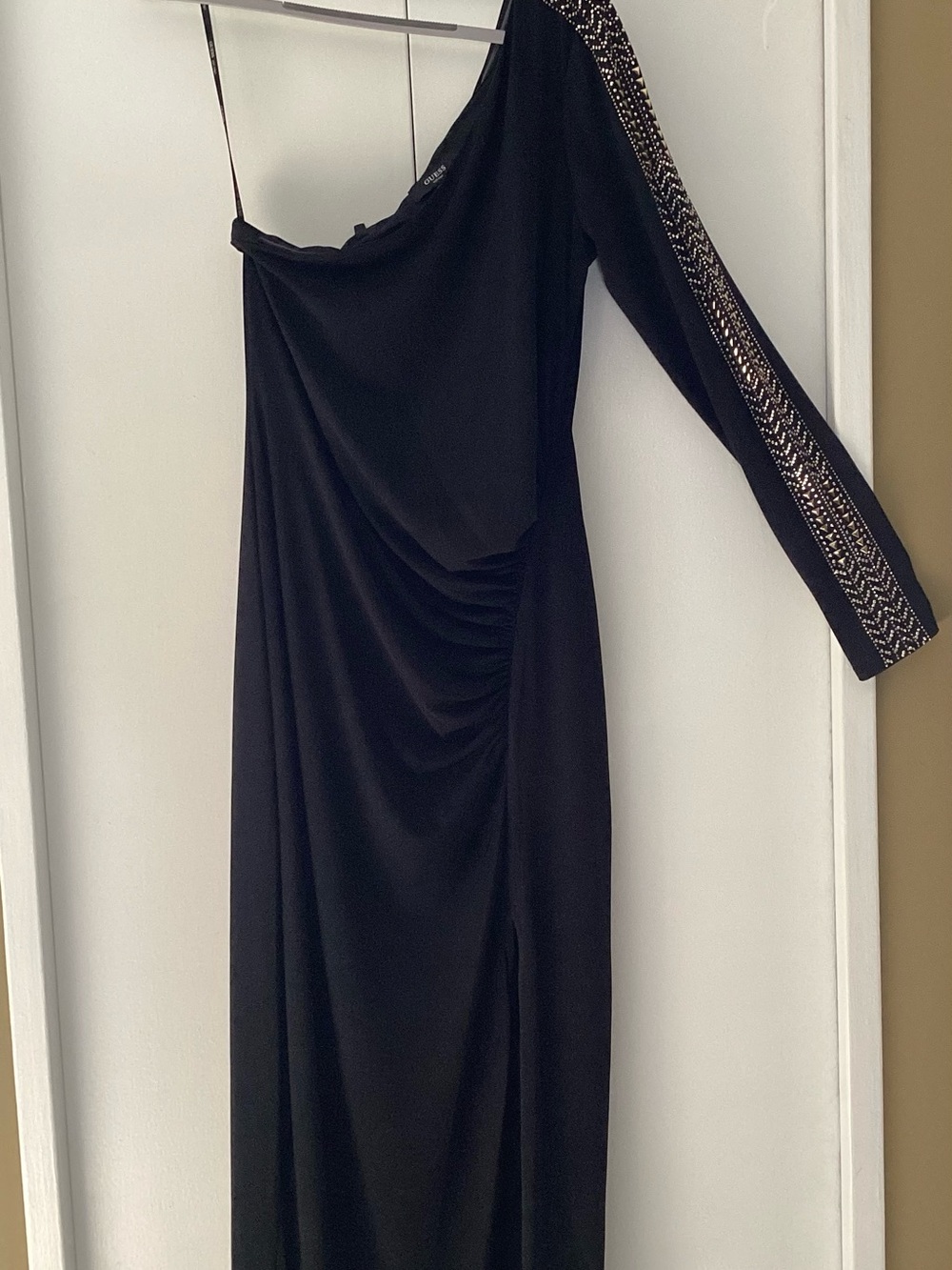 Guess Black One-Shoulder Gown with Beaded Sleeve Detail
